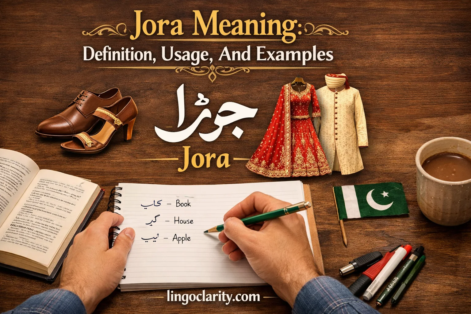 Notebook showing the word jora with drawings of a pair of shoes and a wedding clothing set.
