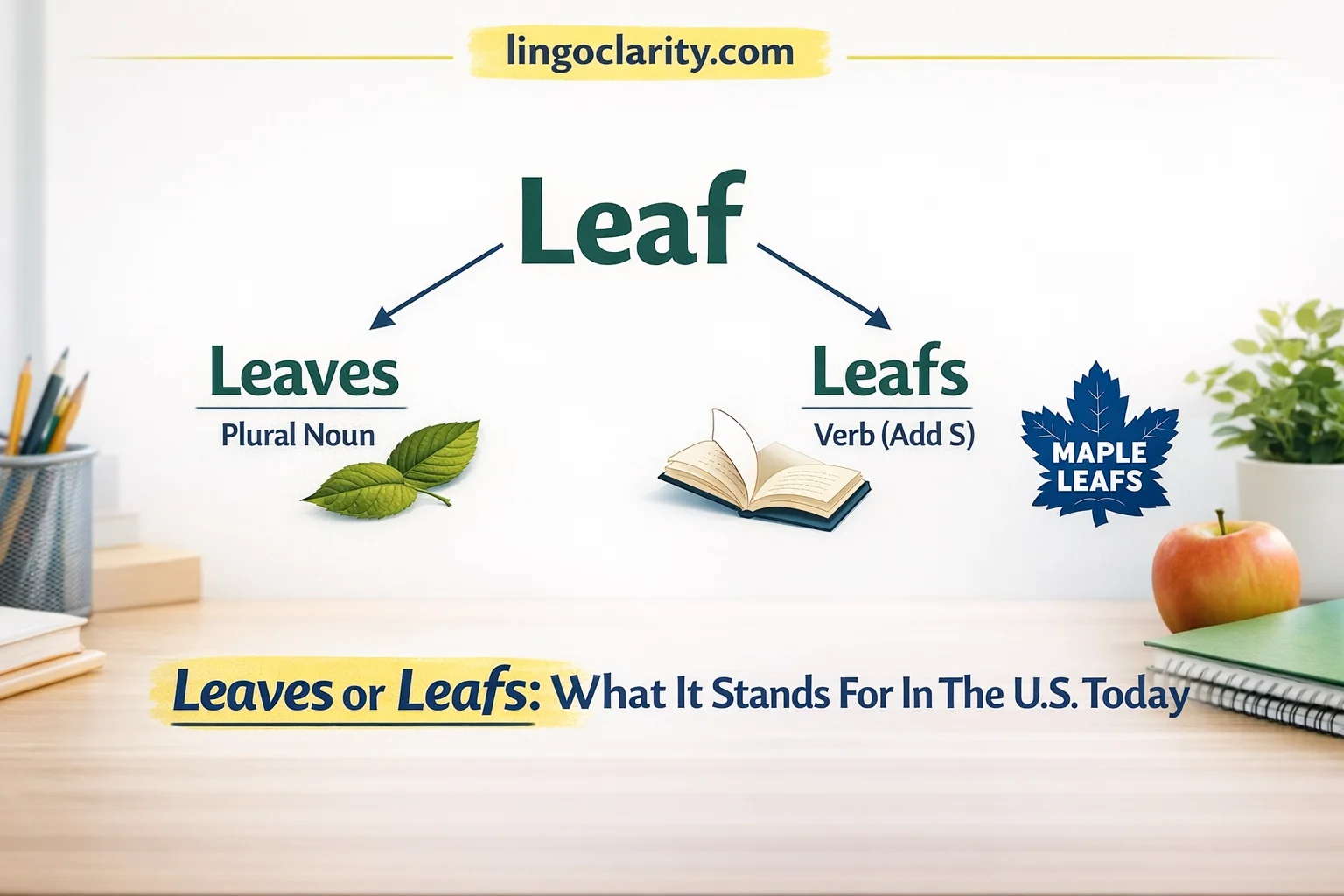 Editorial grammar image showing leaf changing to leaves as the standard plural noun, with leafs shown as a verb form and proper-name exception.