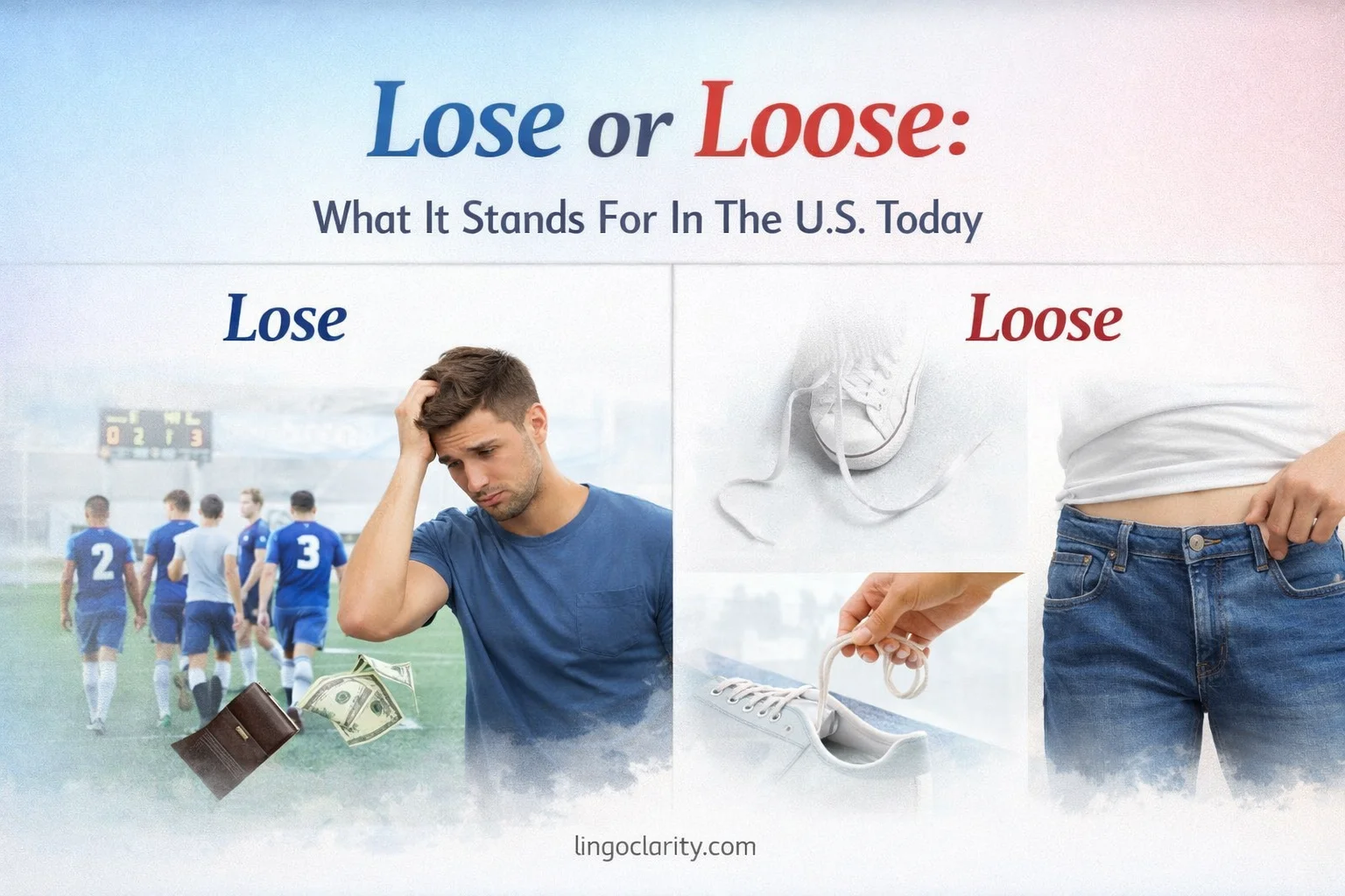 Split comparison image showing someone losing keys on one side and loose papers and loose clothing on the other for a lose vs loose guide.