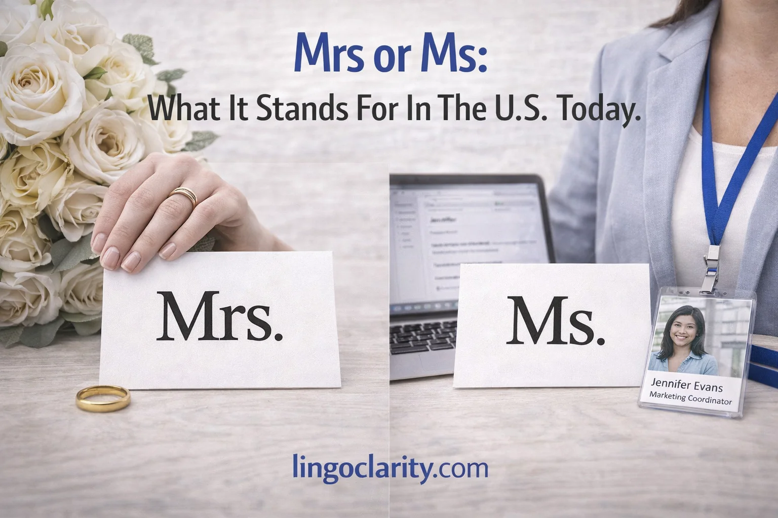Comparison image showing Mrs. and Ms. as different titles in US English, with cues for marriage, formality, and professional use.