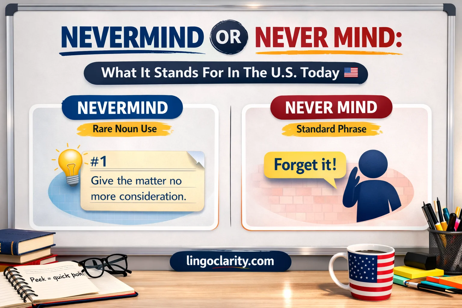 Nevermind and never mind compared side by side with the standard two-word form highlighted