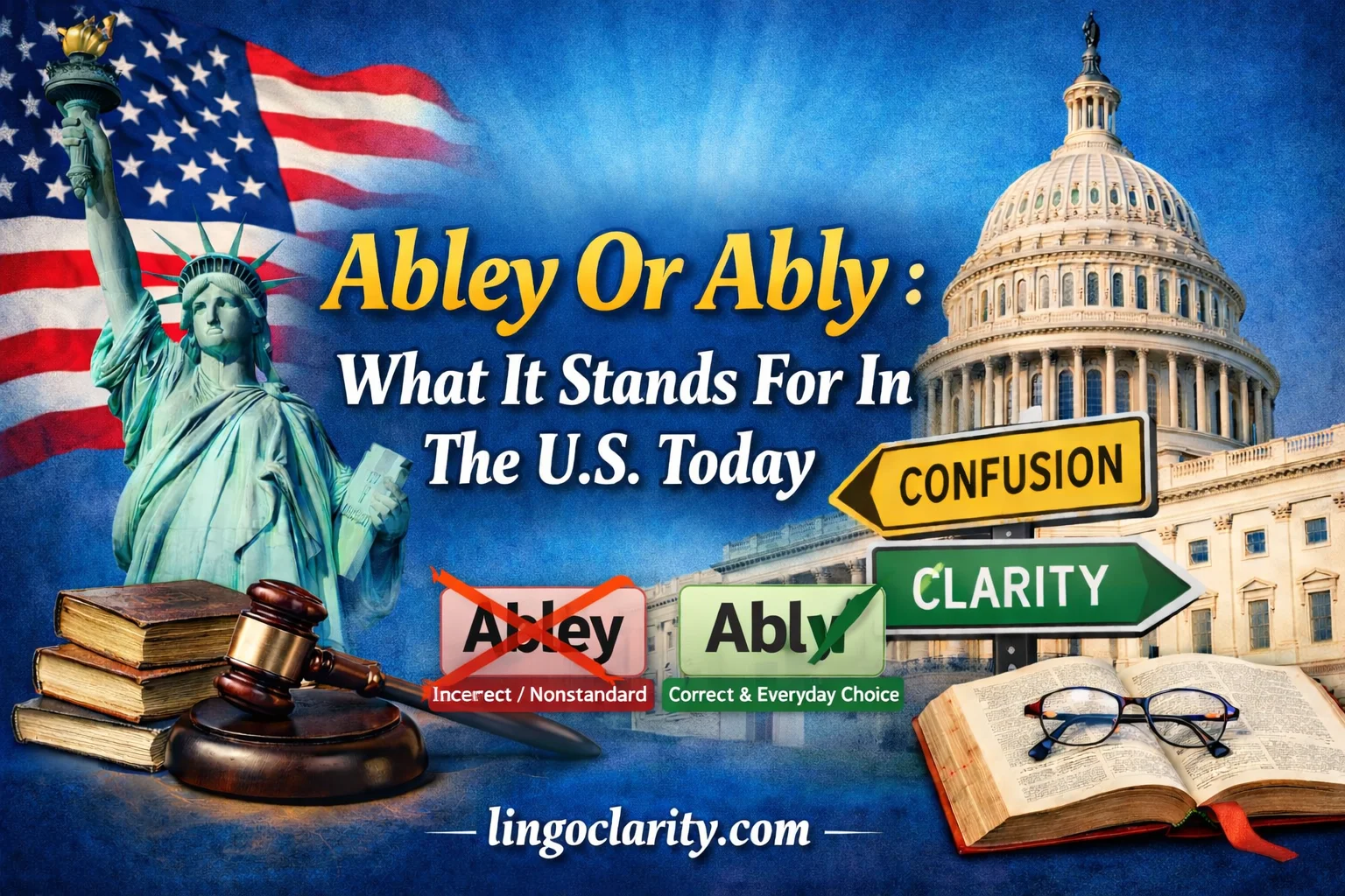 A clean editorial-style image for a US English word-choice guide. Show Mark “ably” with a clear green check as the standard everyday choice. Mark “abley” with a soft red X