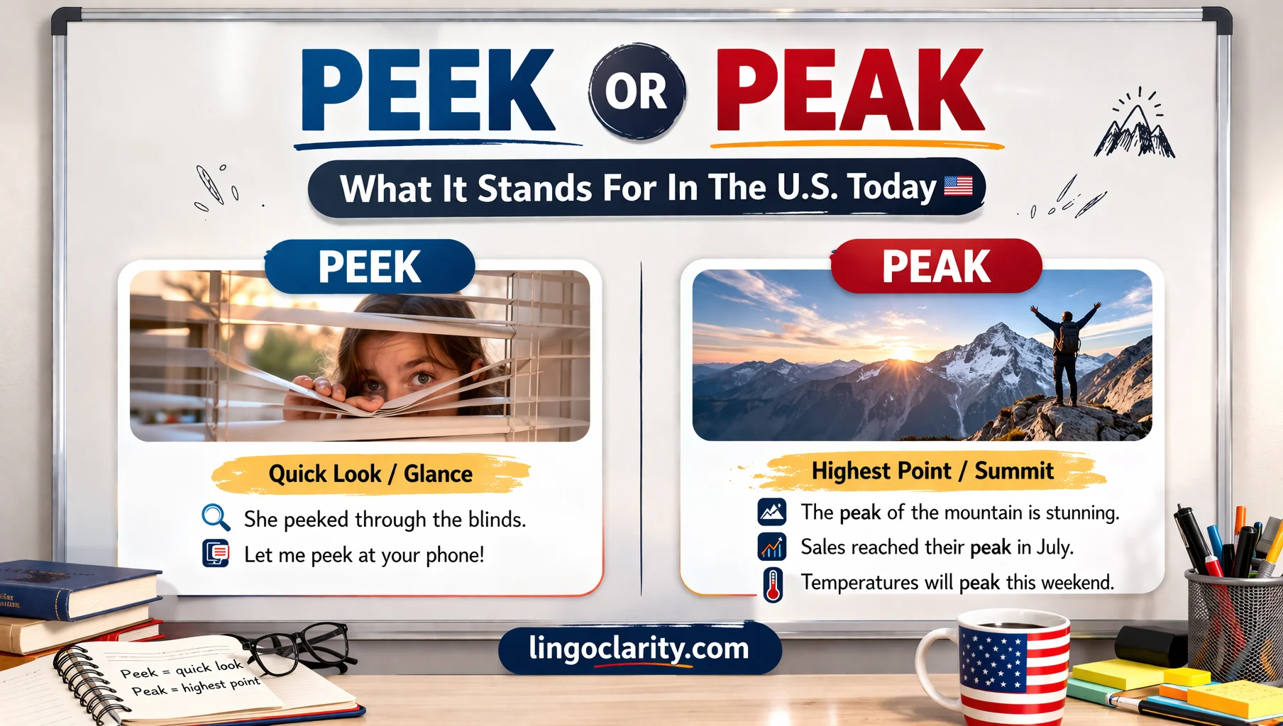 Peek vs peak infographic with a child peeking through a door and hikers on a mountain summit.