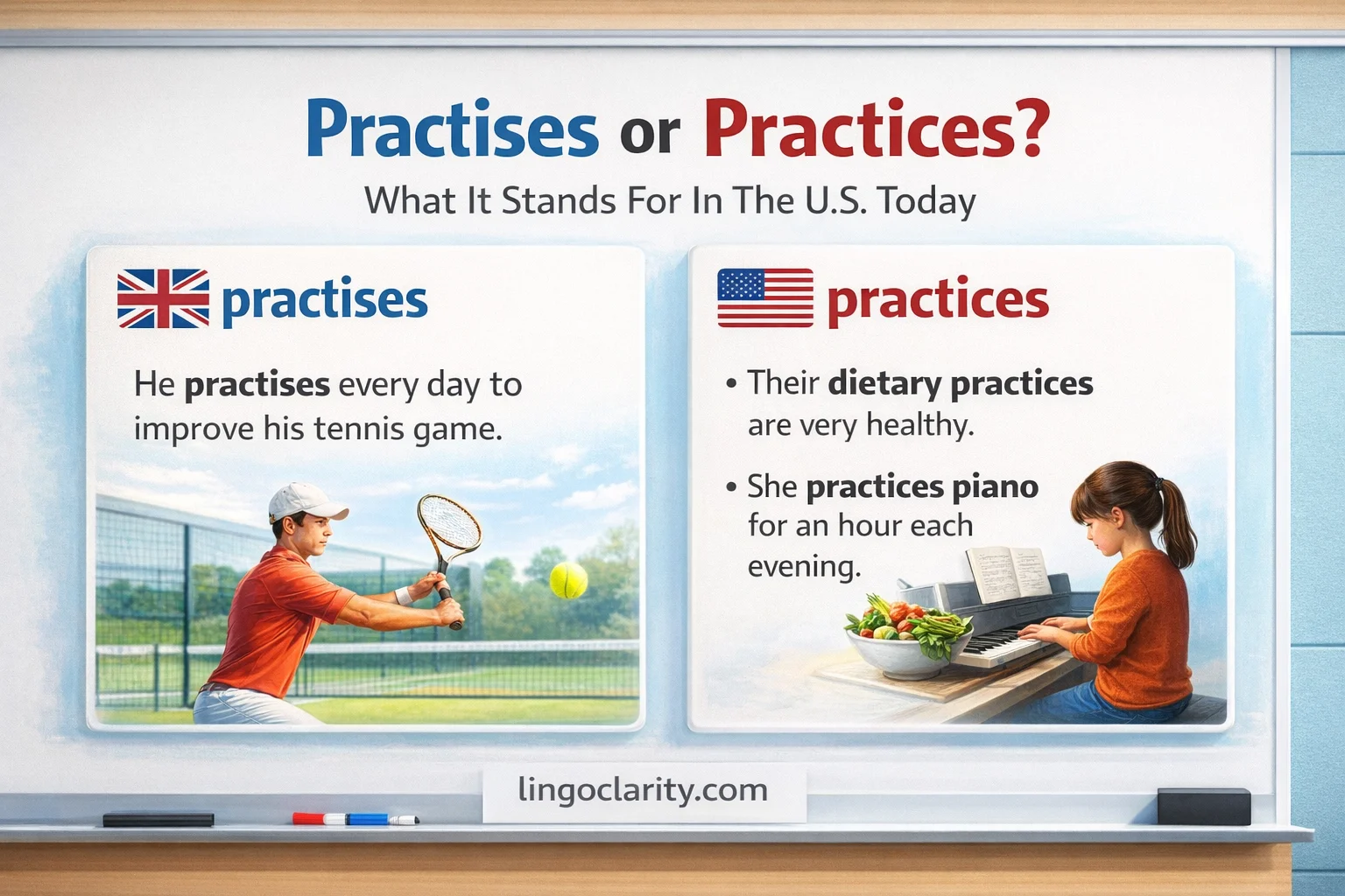 Editorial classroom-style image showing “practises” as a British verb form and “practices” as the standard US form, with a clean board and clear learning layout.