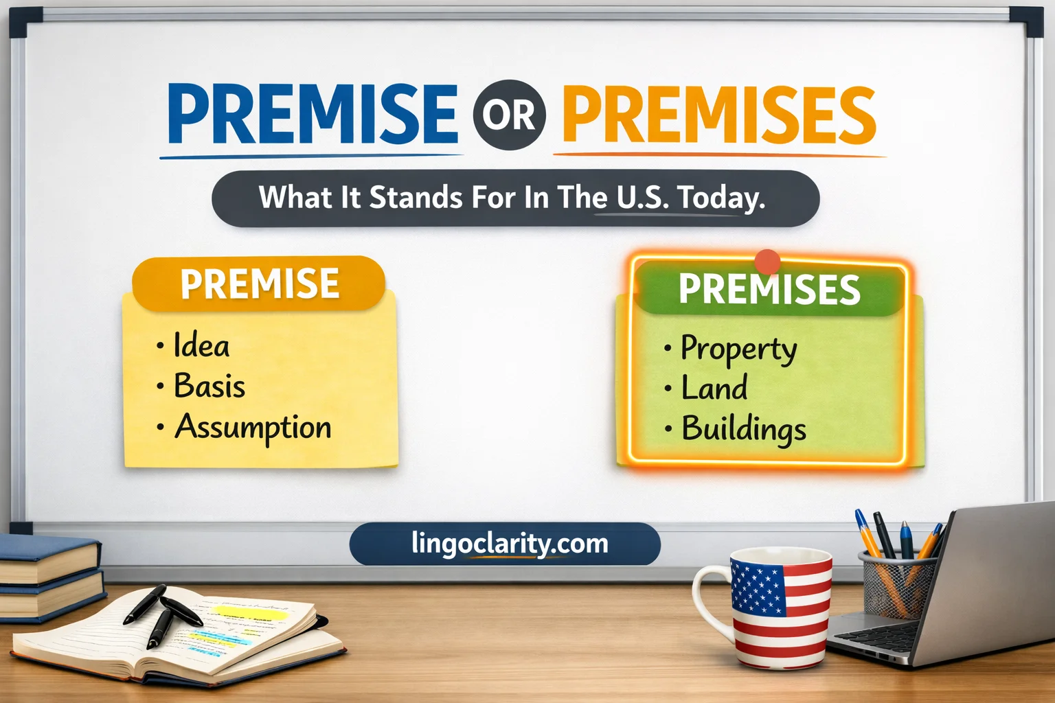Premise and premises compared on a board with notes about argument meaning and property meaning
