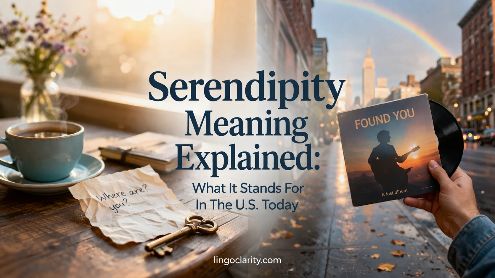 Serendipity meaning explained visual showing unexpected discoveries during a city walk near a café