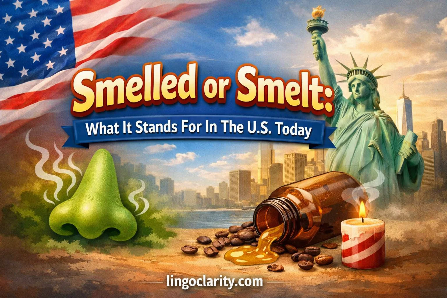 Comparison image showing smelled and smelt, with smelled marked as the usual US English choice and smelt shown as a British form and a separate metal-processing word.