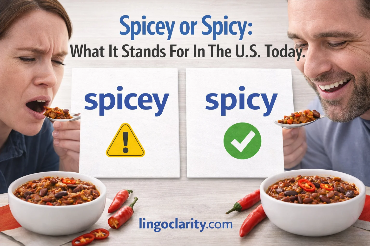Comparison image showing spicey and spicy, with spicy marked as the standard modern spelling in US English.