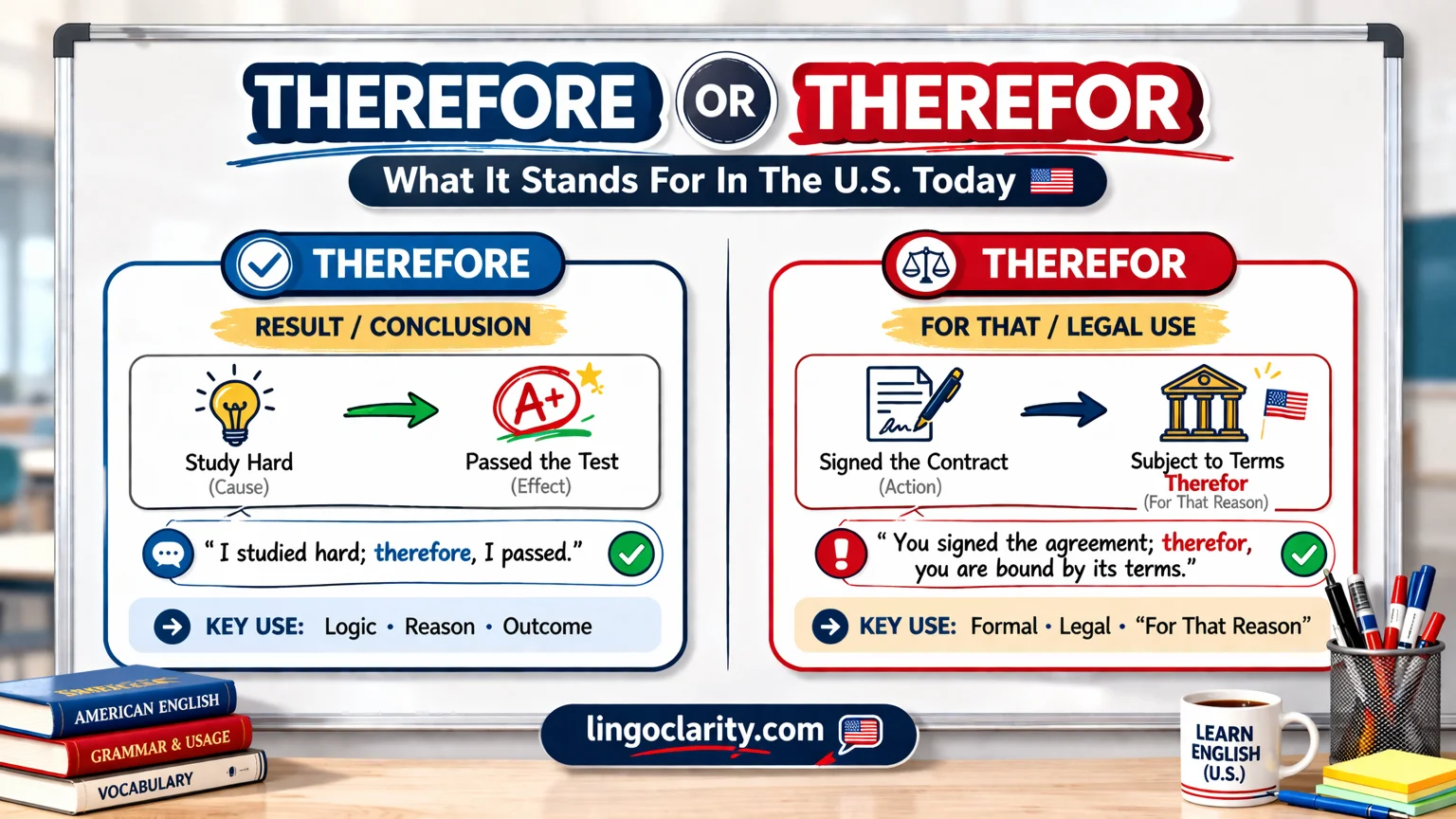 Therefore and therefor shown side by side with result and legal-use cues