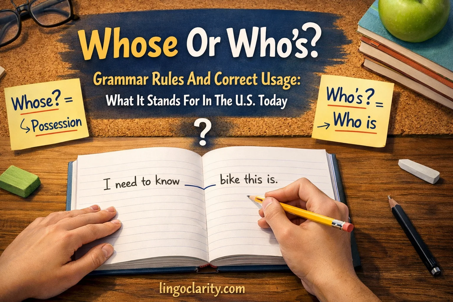 Notebook showing grammar examples explaining whose vs who's.