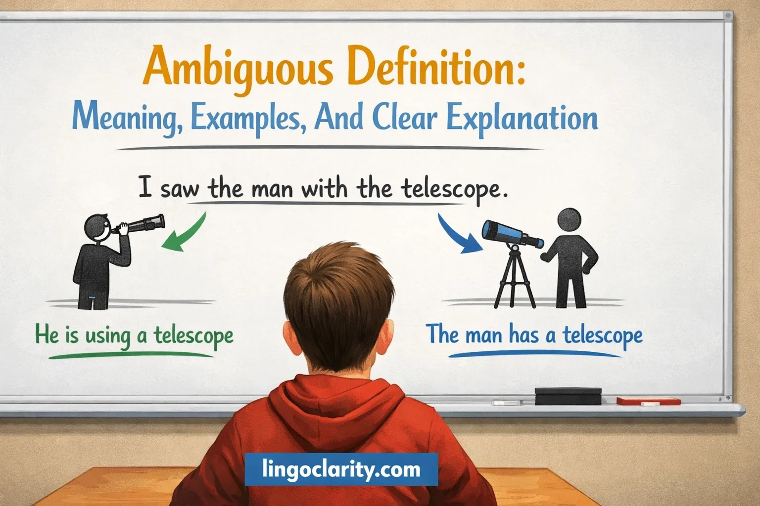 Student examining a sentence that can be interpreted in two different ways.