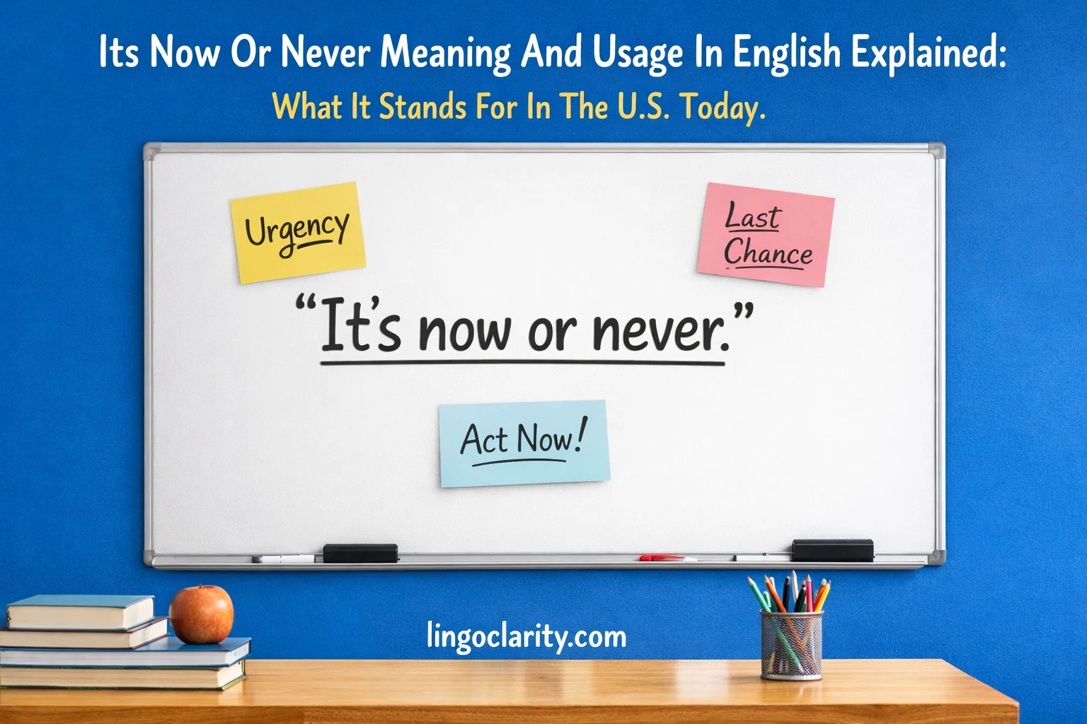 It’s now or never phrase explained on a classroom board with notes about urgency and last chance