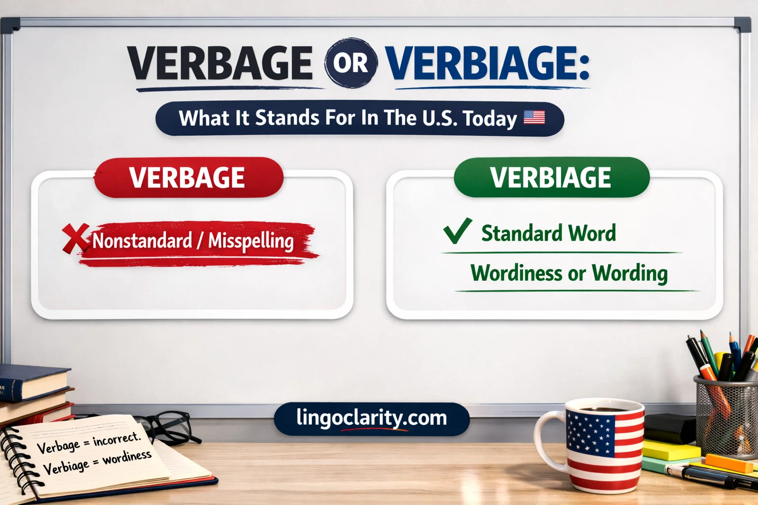 Verbage and verbiage shown side by side with nonstandard and standard usage cues