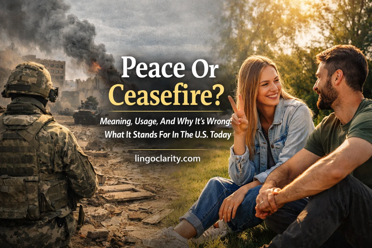 Comparison image showing peace as a calm or no-war condition and ceasefire as a temporary stop in fighting.