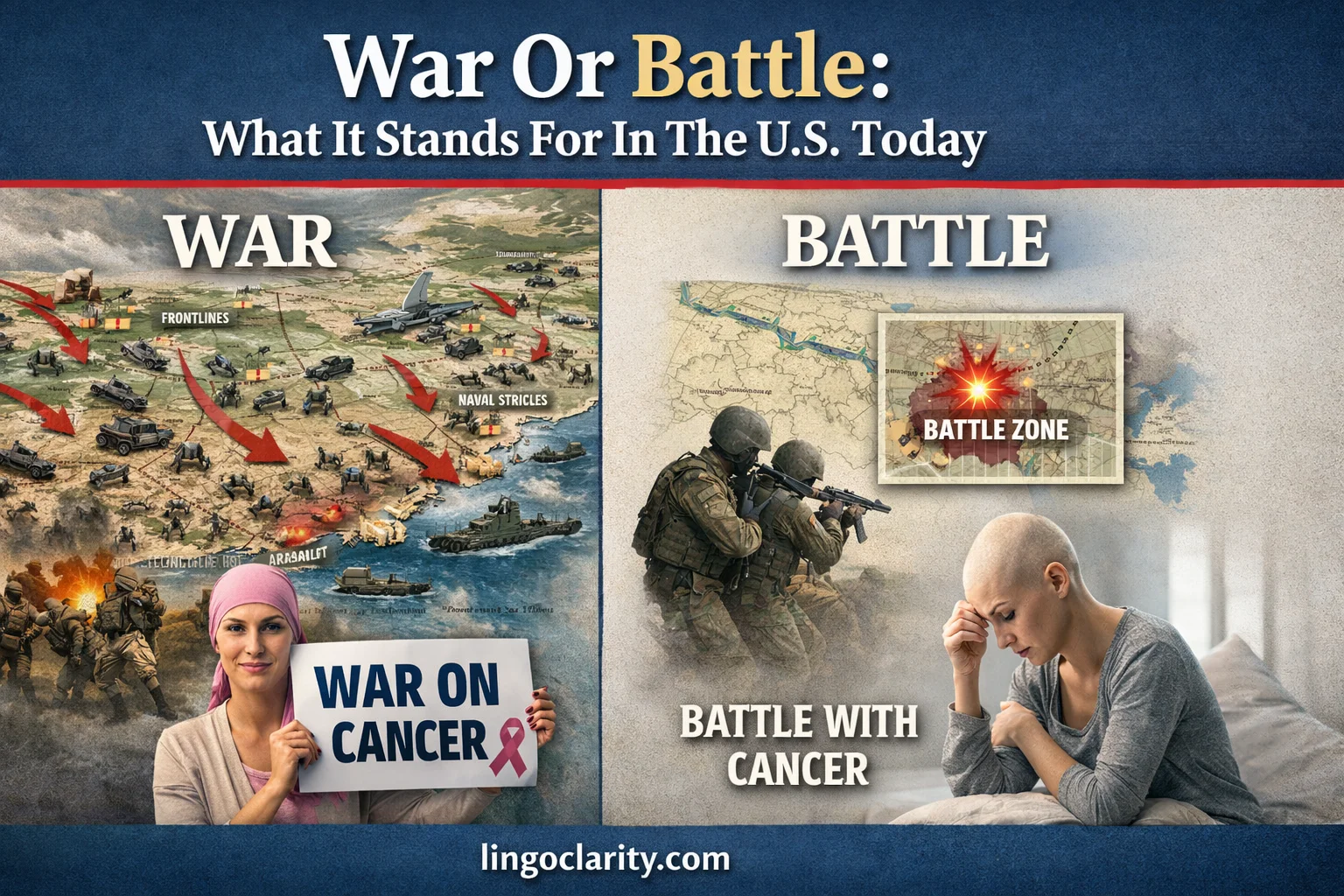 Comparison image showing war as a larger conflict and battle as a specific fight or struggle.