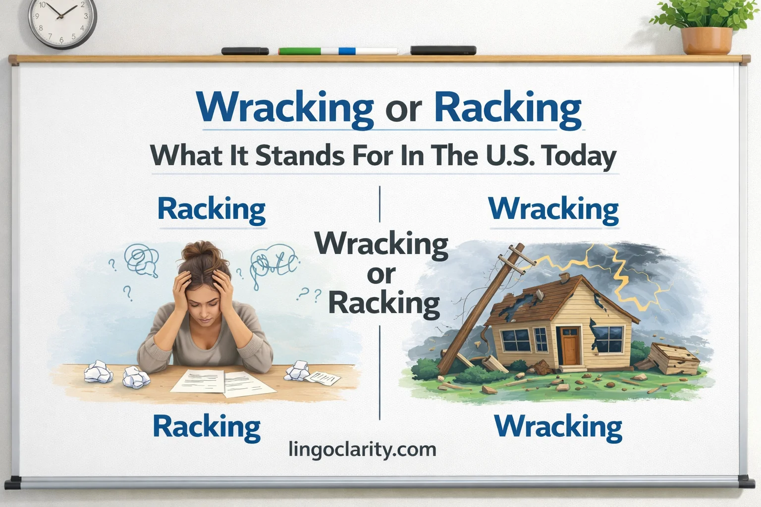 Editorial image showing “Wracking or Racking” on a split classroom-style board, with one side suggesting mental strain and the other showing damage or ruin.
