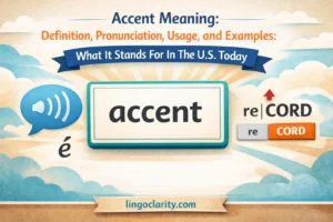 Educational graphic showing the word “accent,” speech symbols, a syllable stress example, and an accented letter for an English meaning guide.