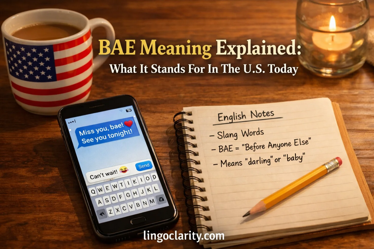Phone text using “bae” beside beginner English notes