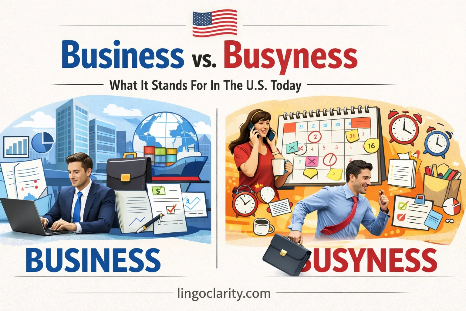 Side-by-side comparison of business and busyness with work on one side and a busy schedule on the other.