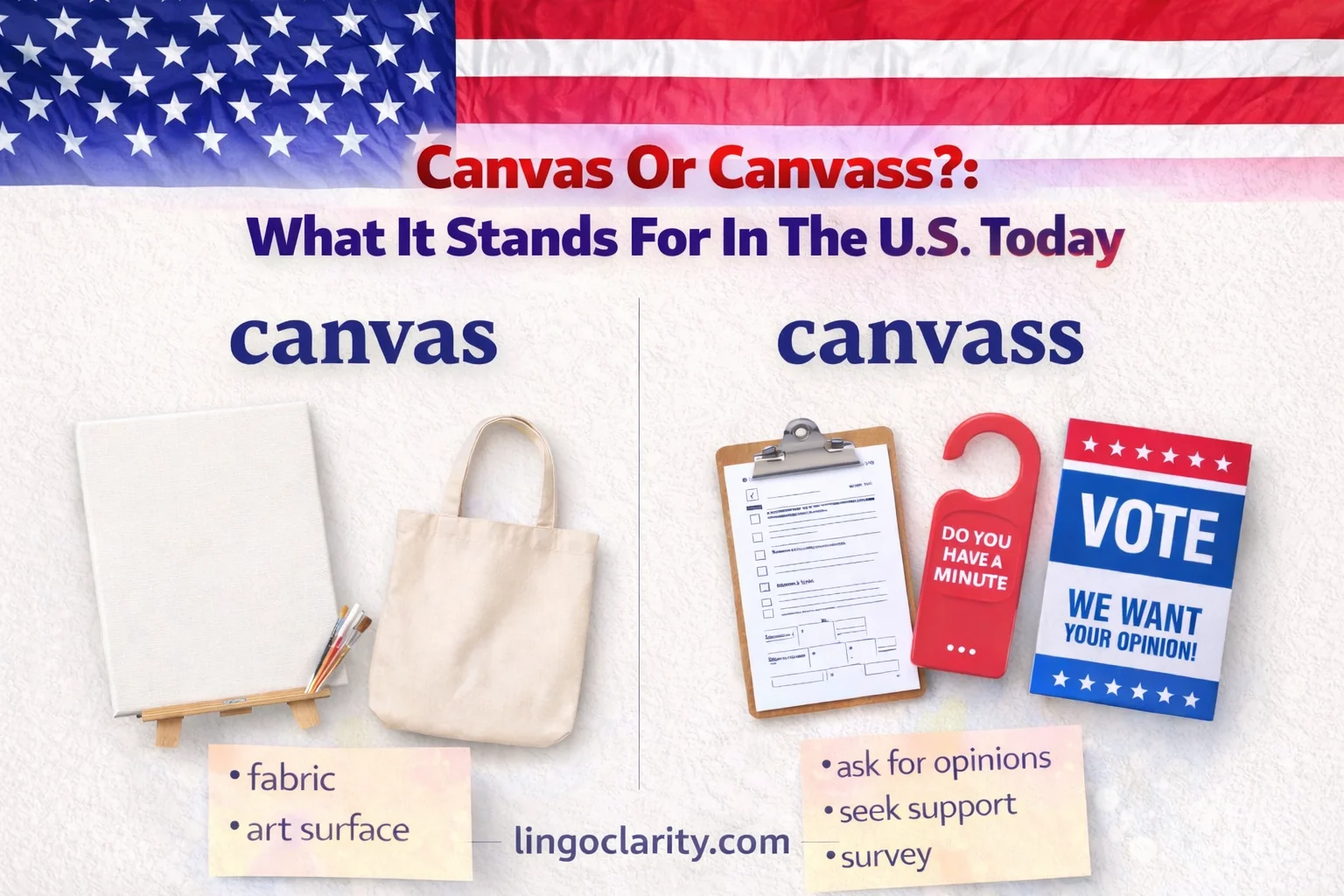 Editorial comparison image showing canvas as fabric and an art surface, and canvass as asking for opinions, support, or votes.
