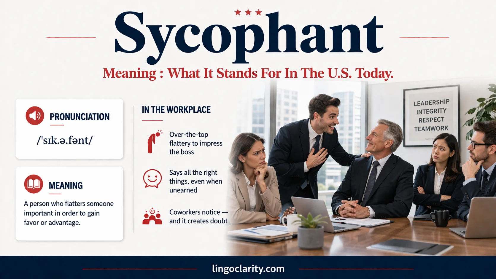 Employee flattering a boss during a meeting to show the meaning of sycophant.