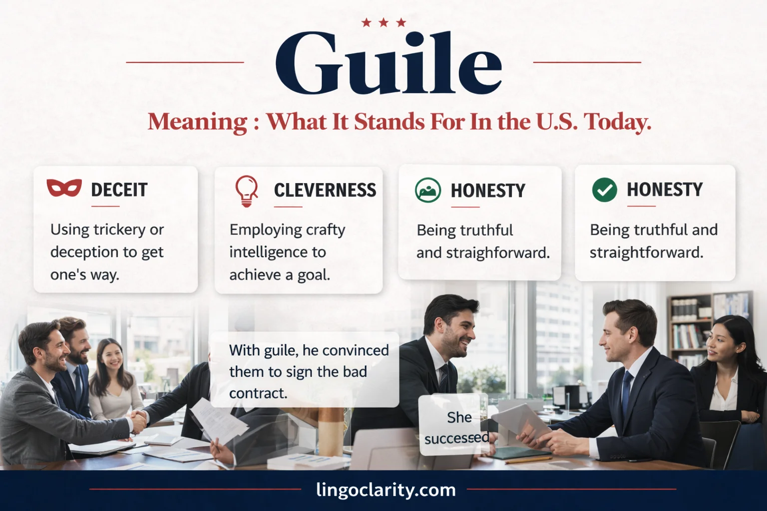 showing deceit, cleverness, honesty, and short example sentences.