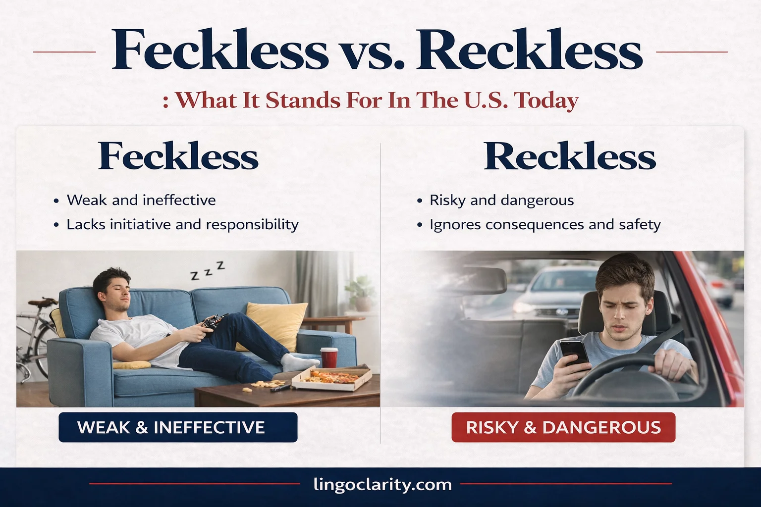 Side-by-side visual comparing feckless and reckless in meaning and usage.