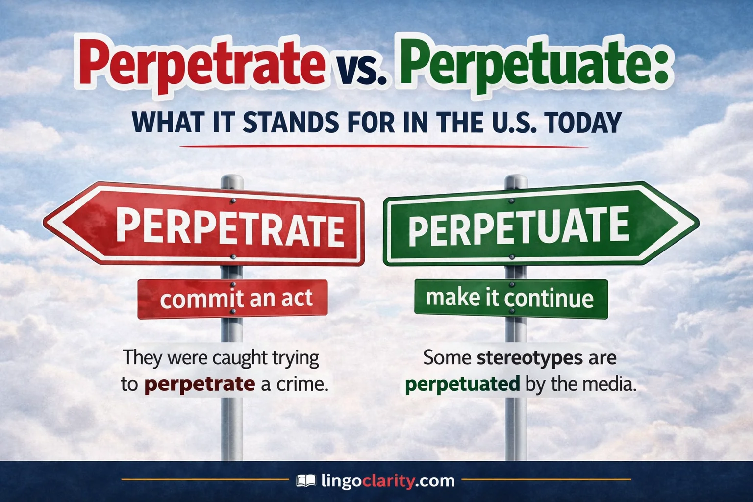 Side-by-side comparison graphic for perpetrate vs. perpetuate with usage cues and example contexts.