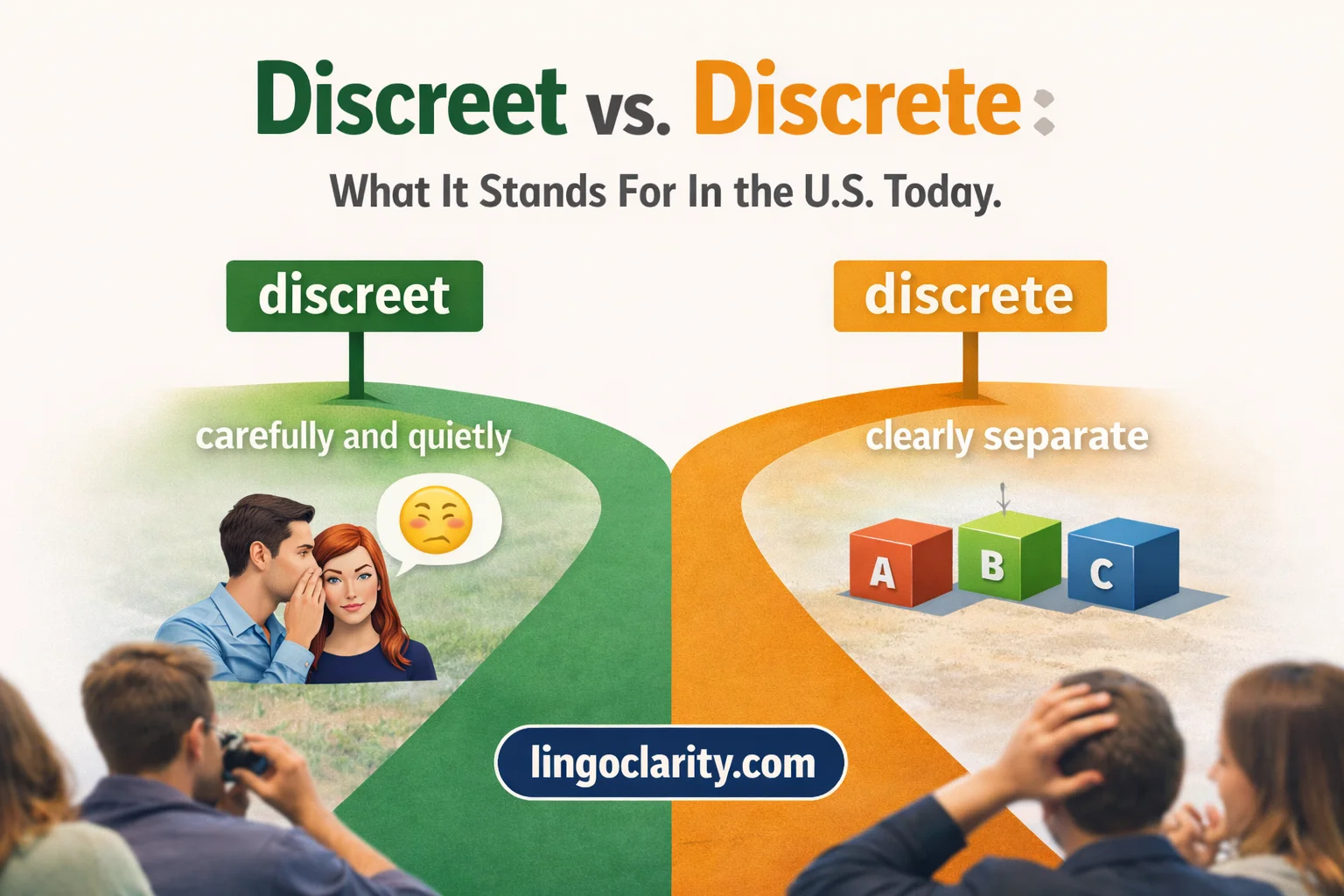 Side-by-side visual comparing discreet with privacy and tact, and discrete with separate parts or categories.