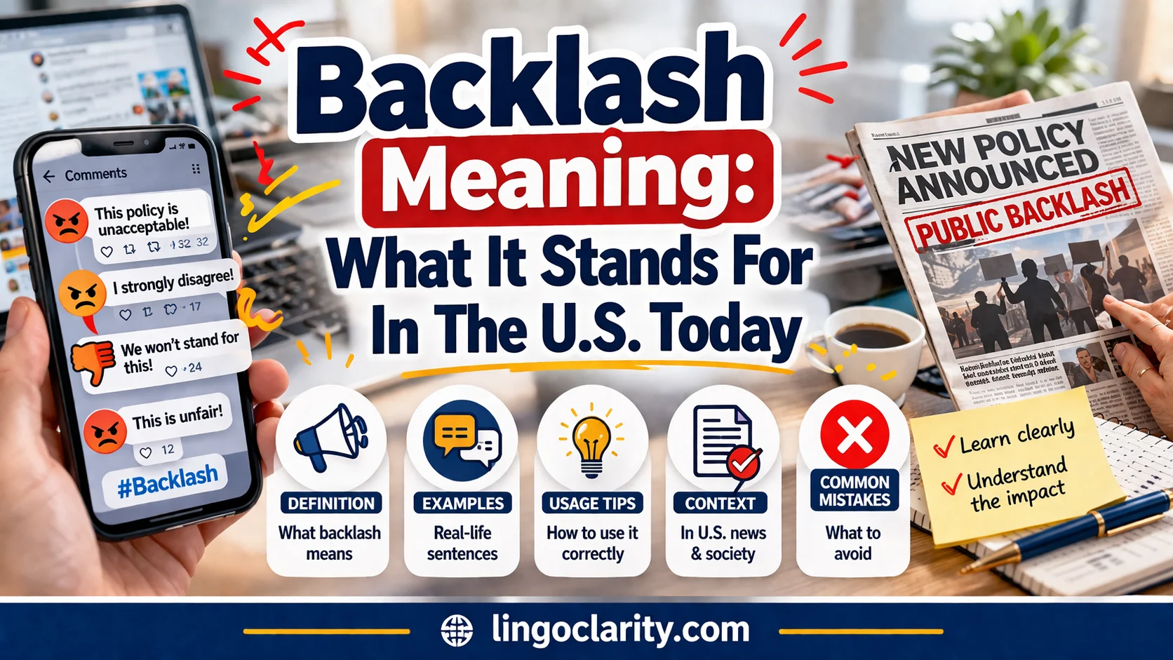 Phone screen and newspaper headline showing a strong public reaction to a new decision.