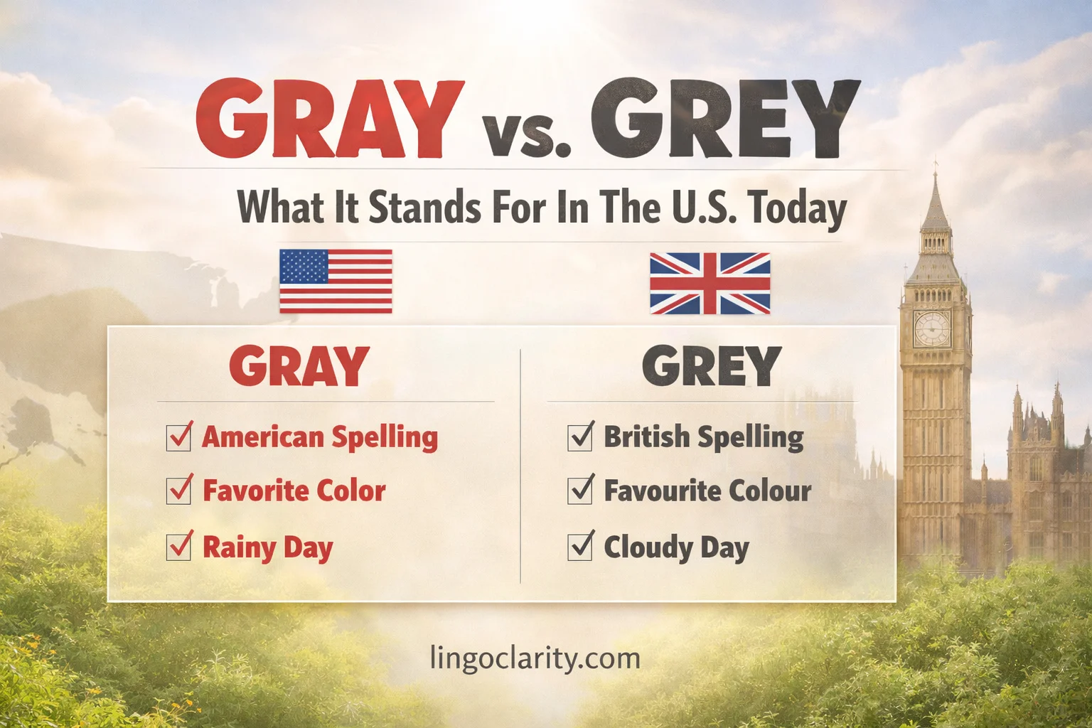 Side-by-side comparison graphic of Gray and Grey with US usage guidance.