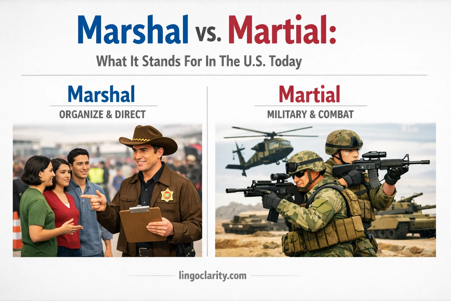 Side-by-side graphic comparing marshal and martial with simple usage cues