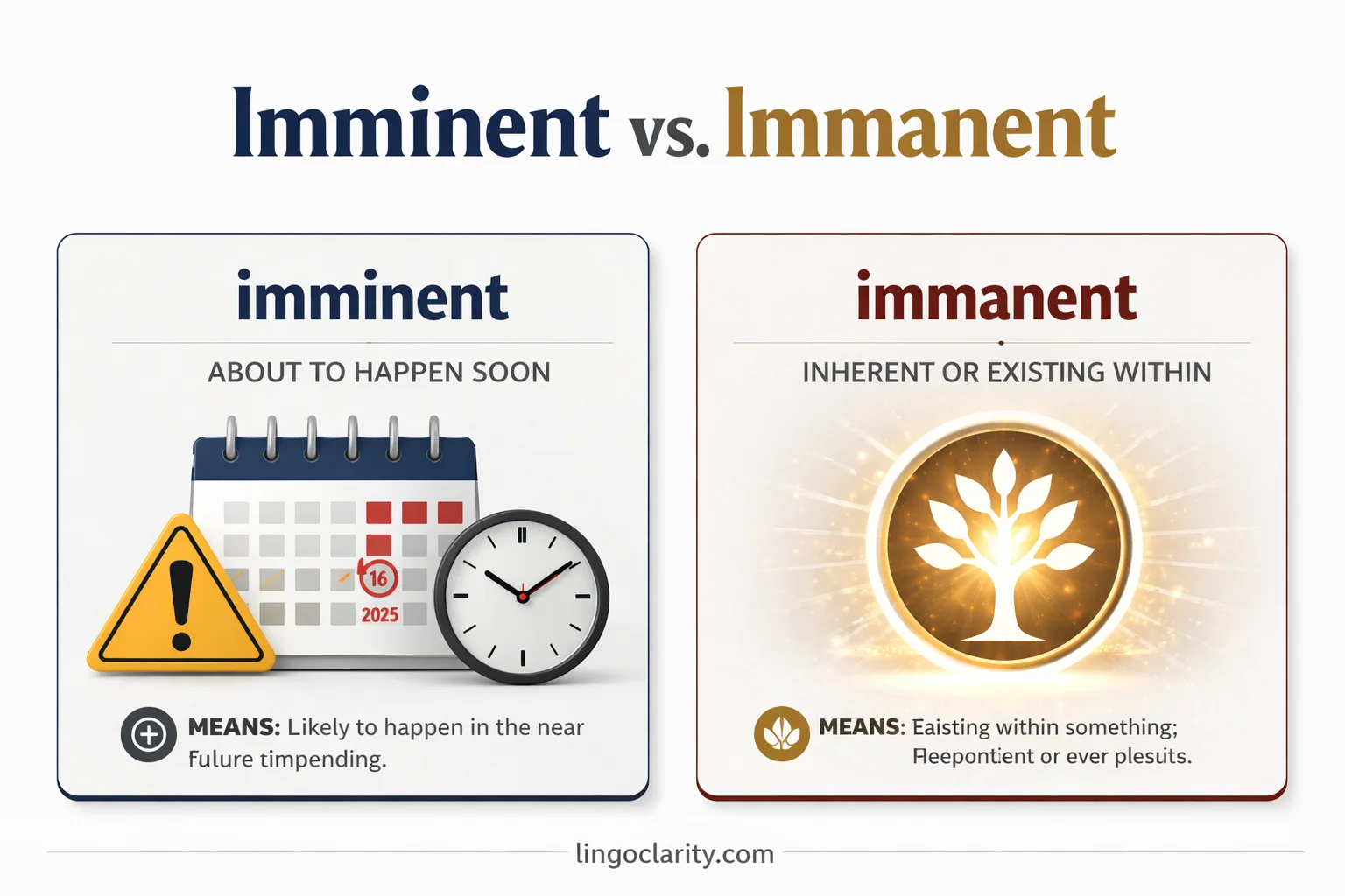 Side-by-side comparison of imminent and immanent with icons showing soon versus inherent within.
