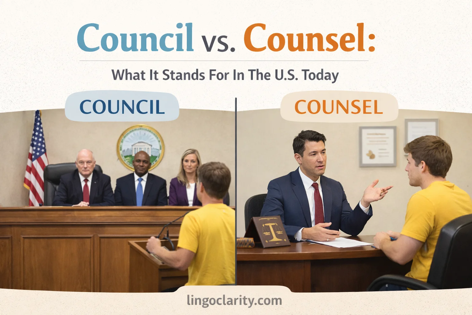 Side-by-side illustration of a city council meeting and a lawyer giving counsel.