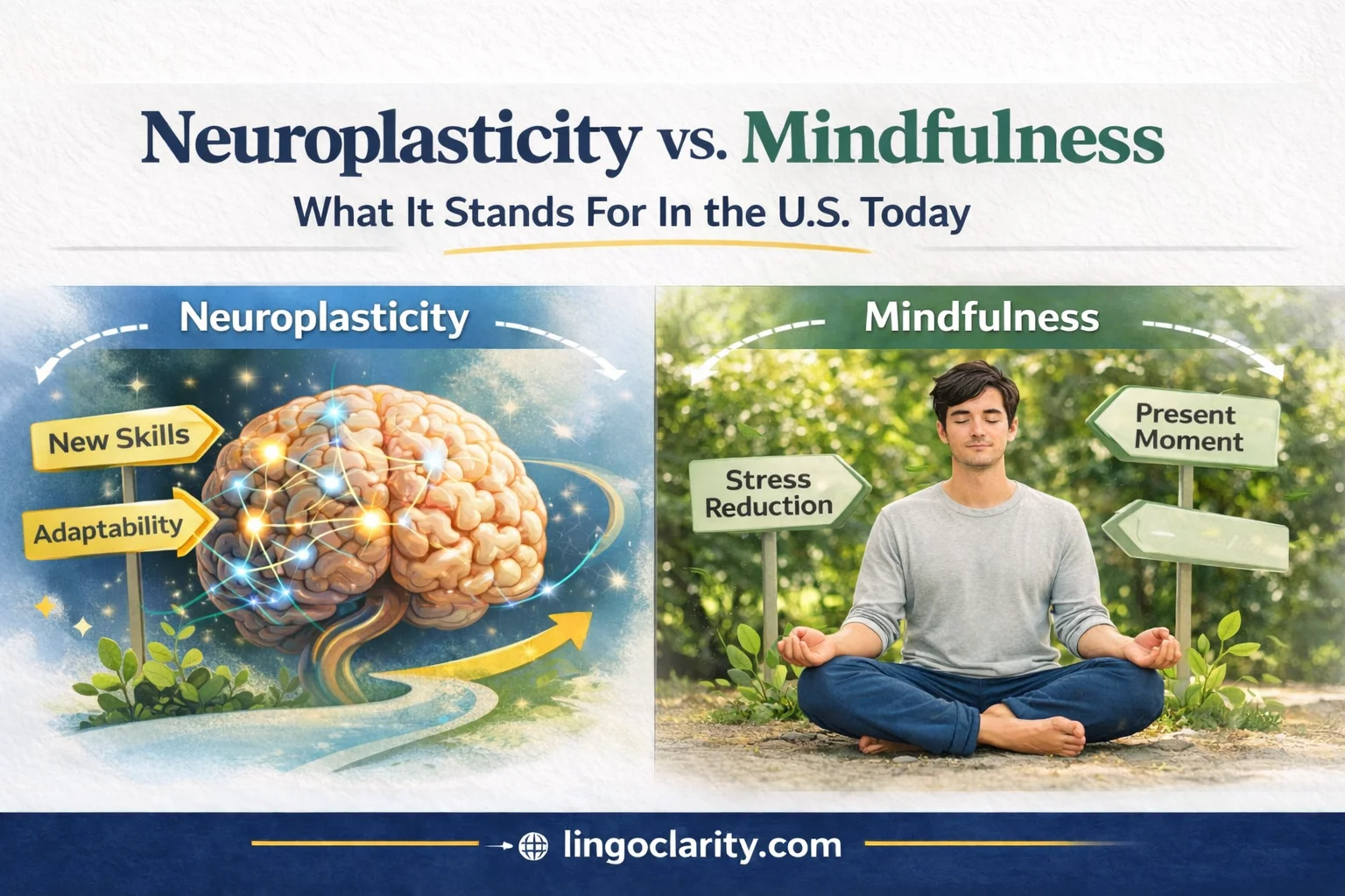 Side-by-side illustration of a changing brain for neuroplasticity and a calm breathing practice for mindfulness.