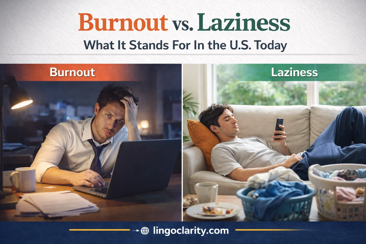 Split illustration showing burnout as stress-based exhaustion and laziness as unwillingness to make an effort.