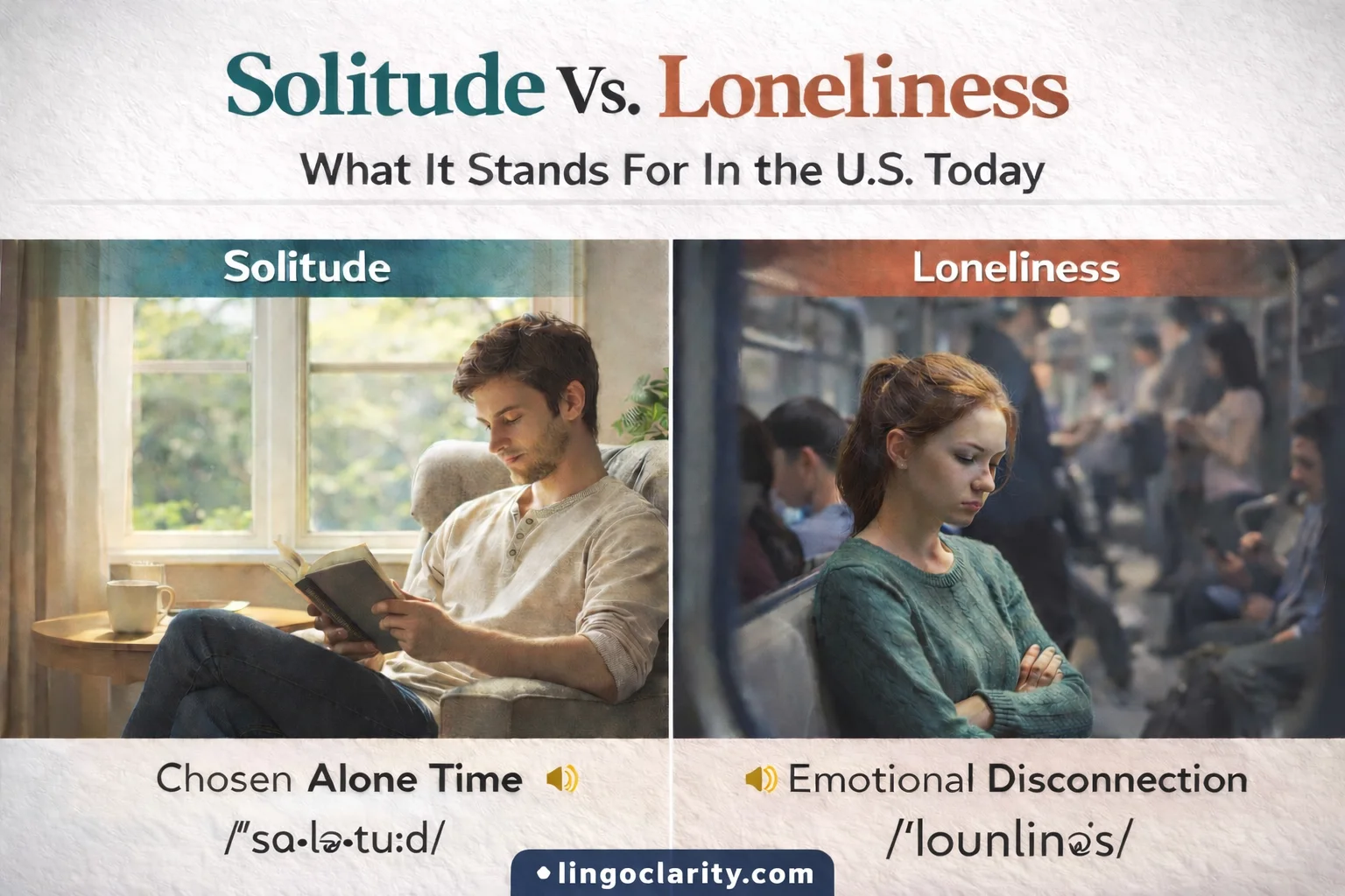 Split scene showing peaceful alone time on one side and emotional loneliness in a crowd on the other.