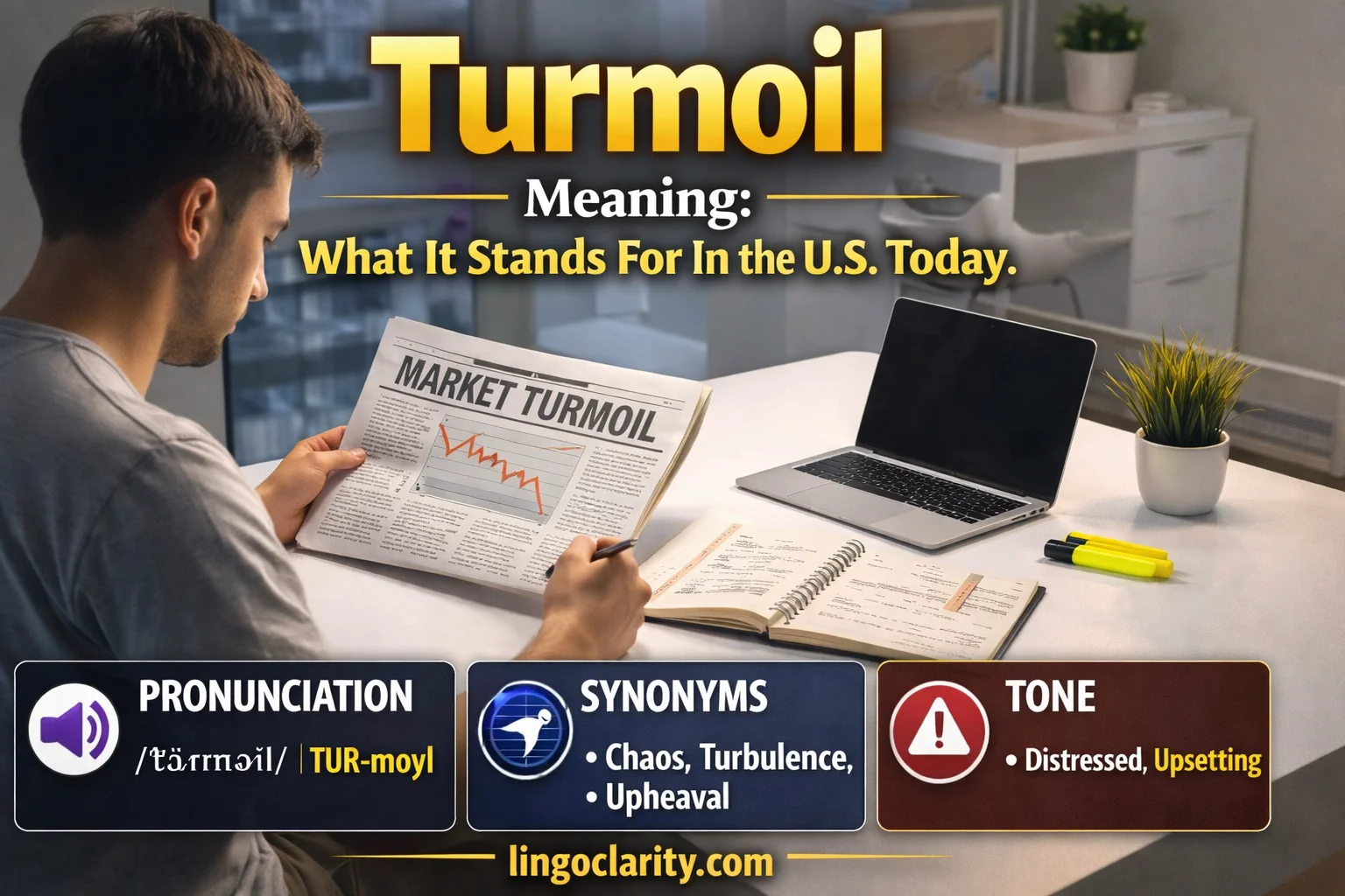 Student reading a headline about market turmoil and taking notes to learn the word’s meaning and use.