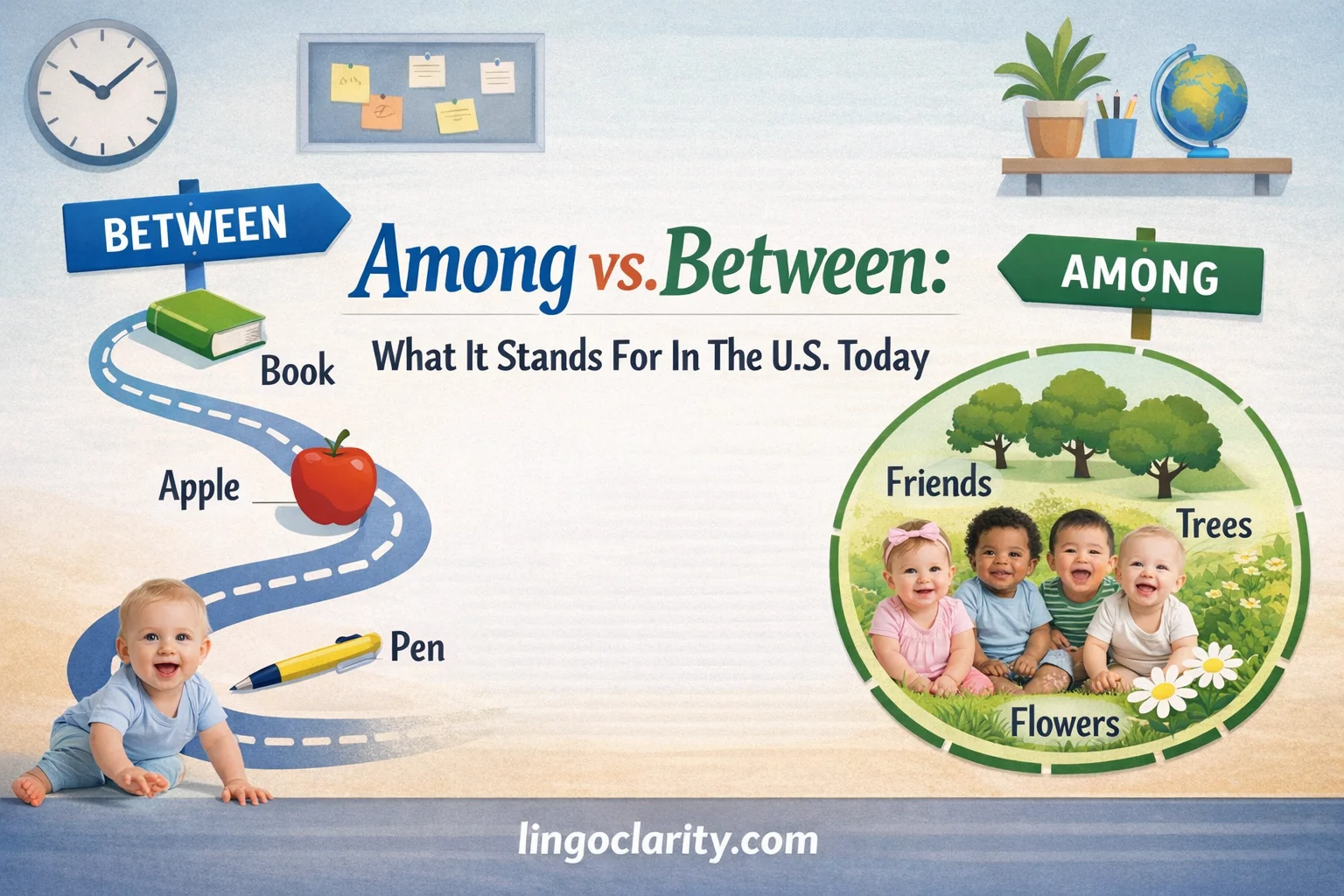 Illustration showing the difference between between and among in English grammar.