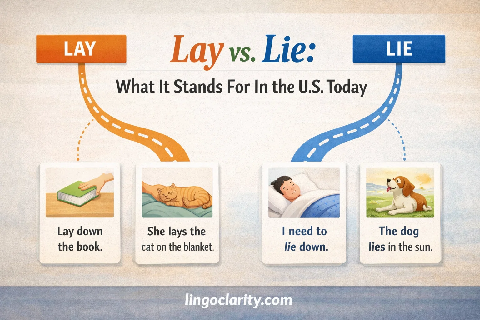 Editorial graphic comparing lay and lie with simple verb-form examples in US English.