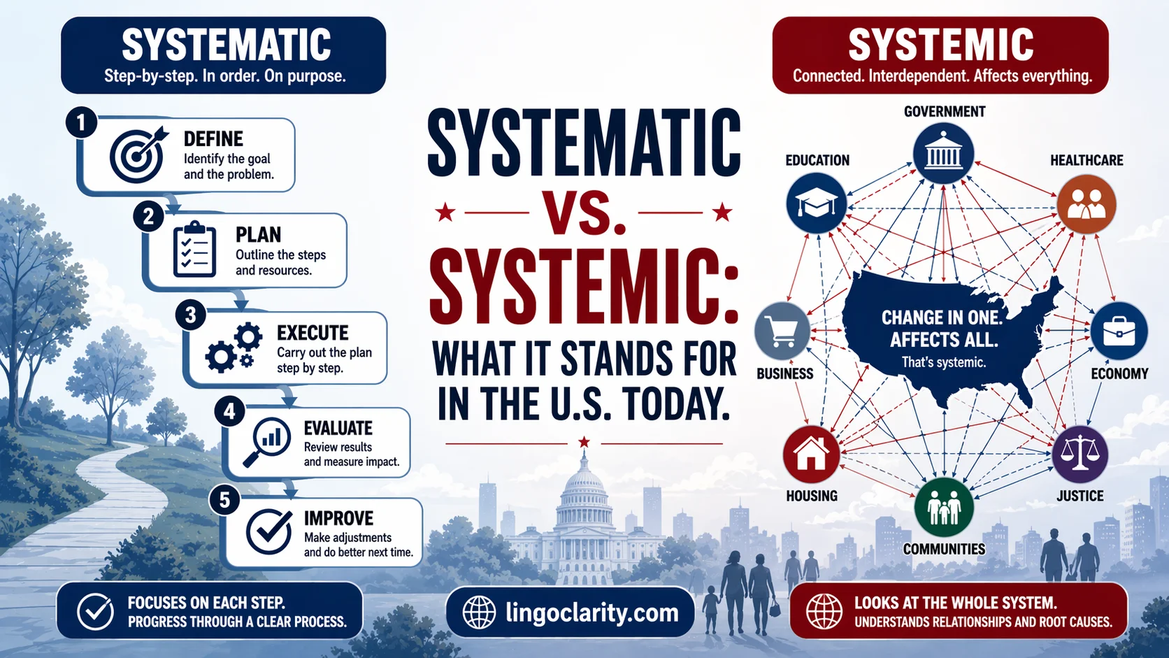 Illustration comparing systematic as a step-by-step method and systemic as something affecting a whole connected system.