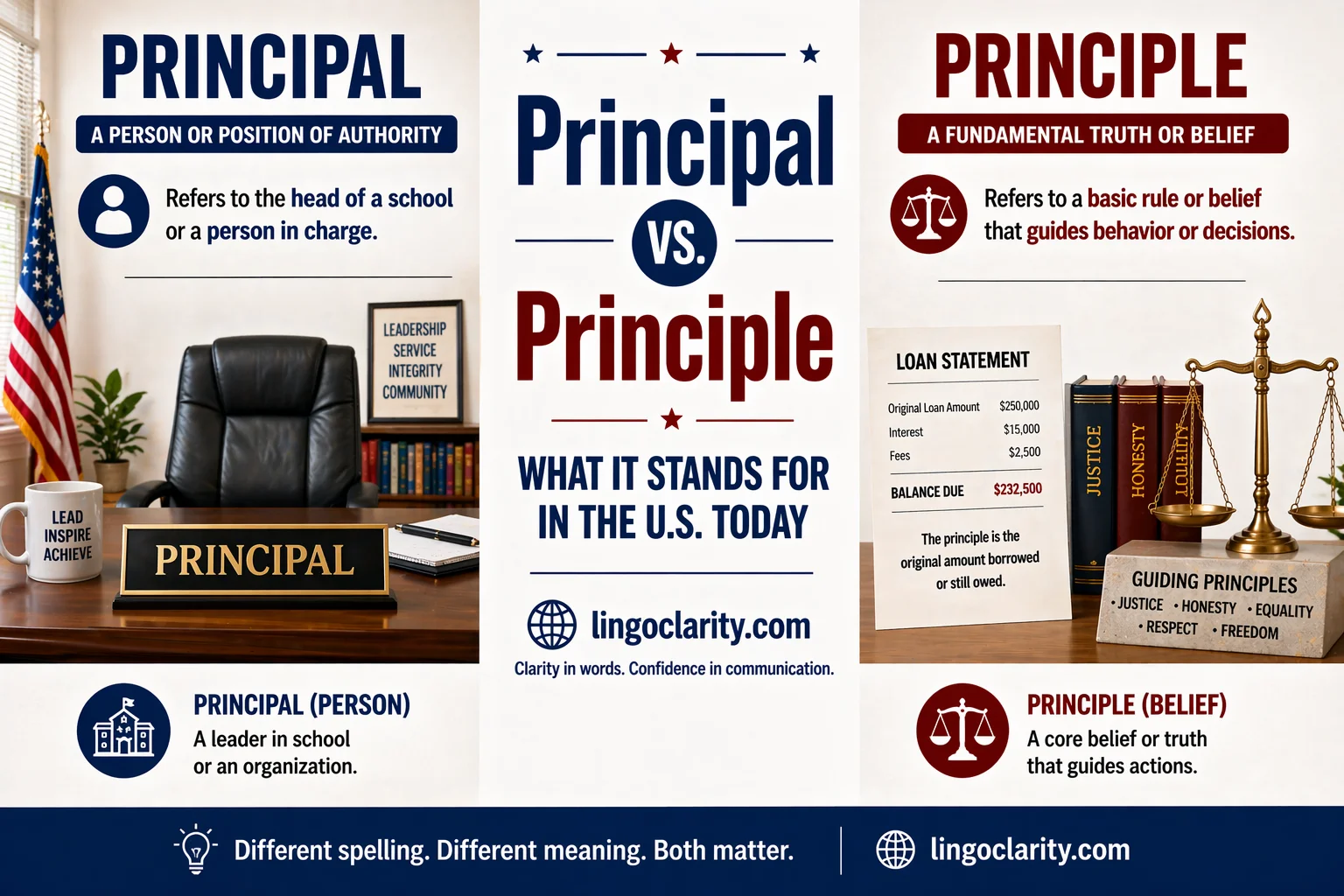 Side-by-side visual comparing principal and principle with school, money, and values.