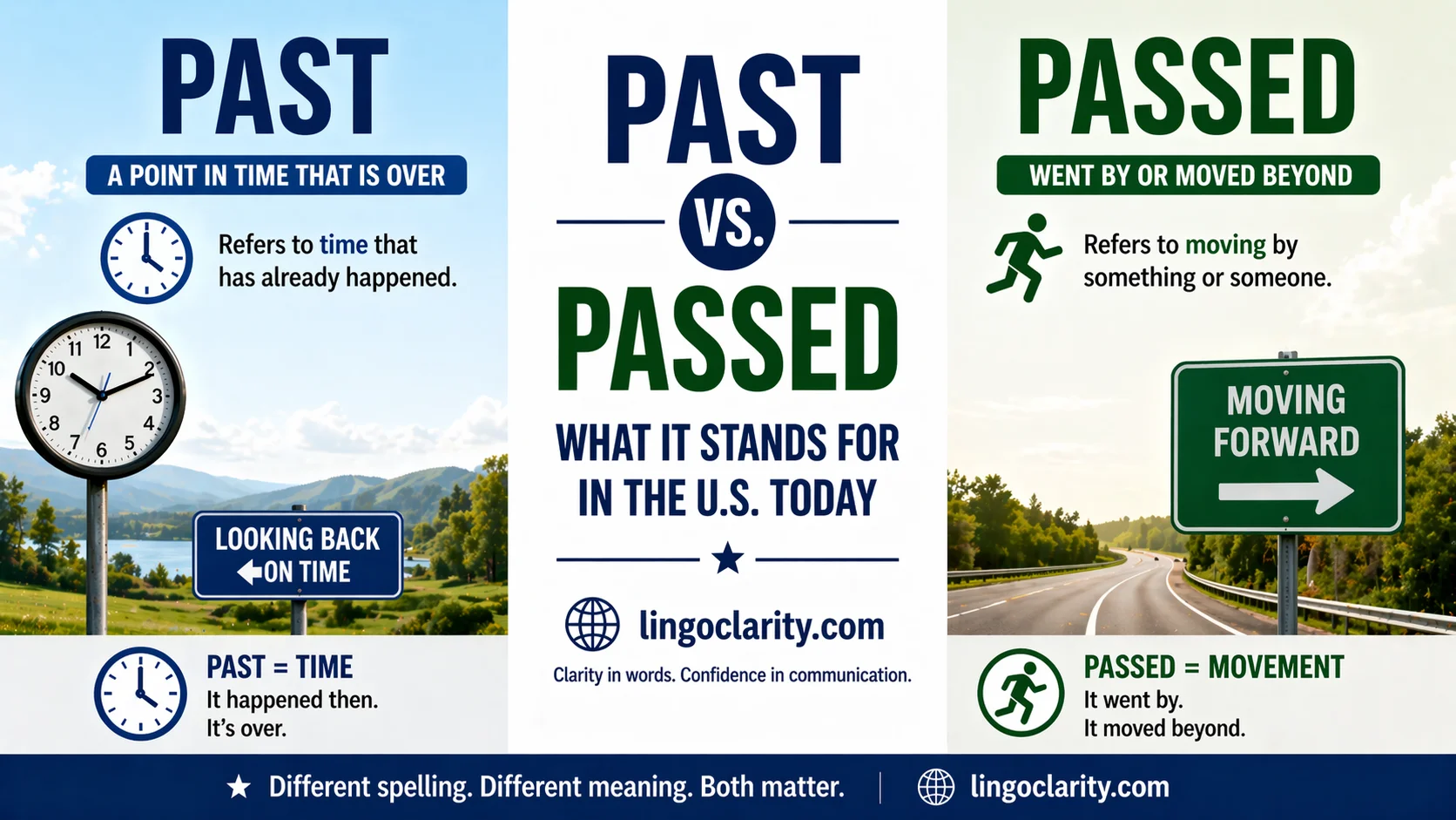 Side-by-side visual comparing past and passed with short example sentences about time and movement.