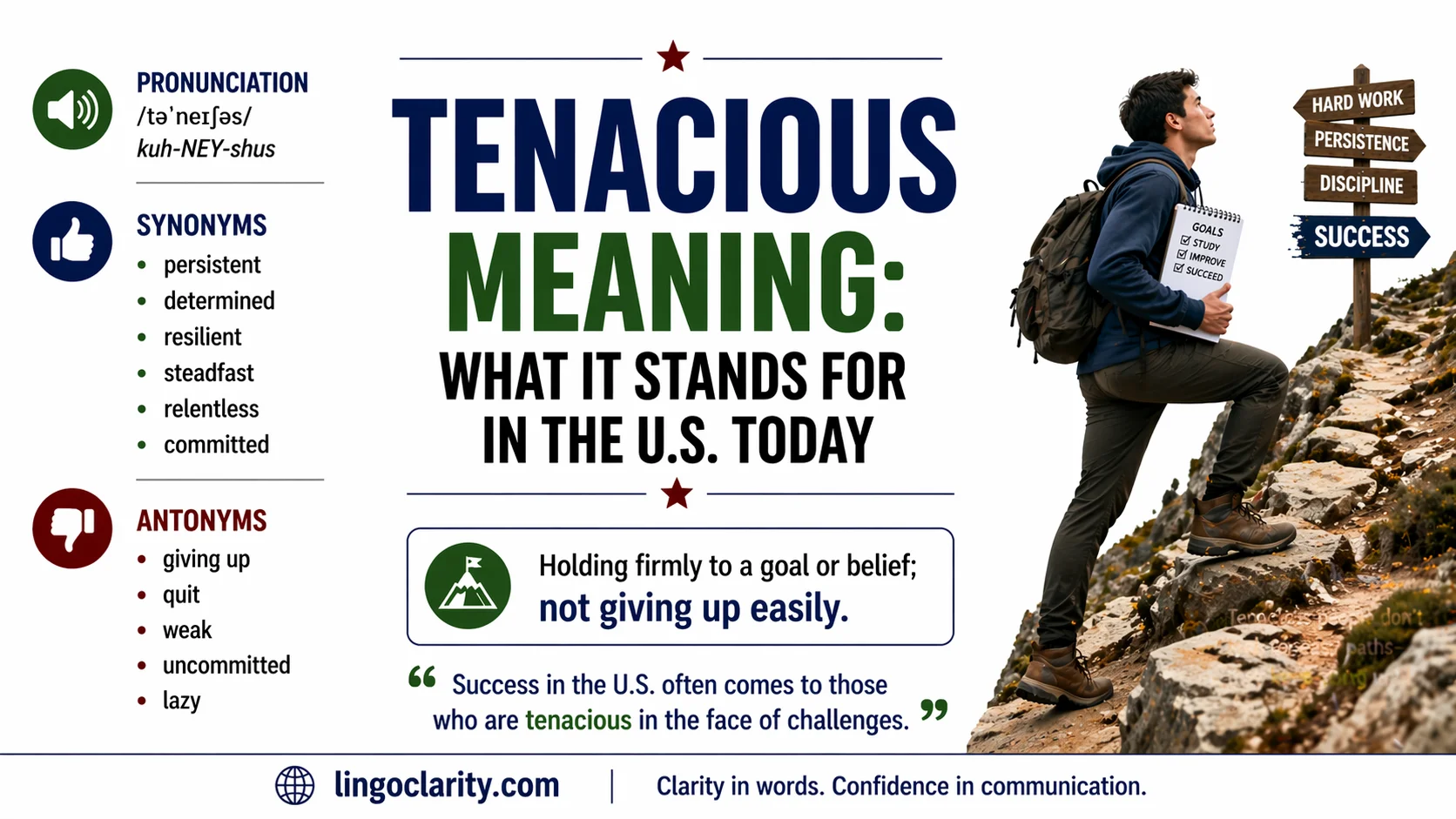 Student climbing a steep trail with a notebook to show the meaning of tenacious.