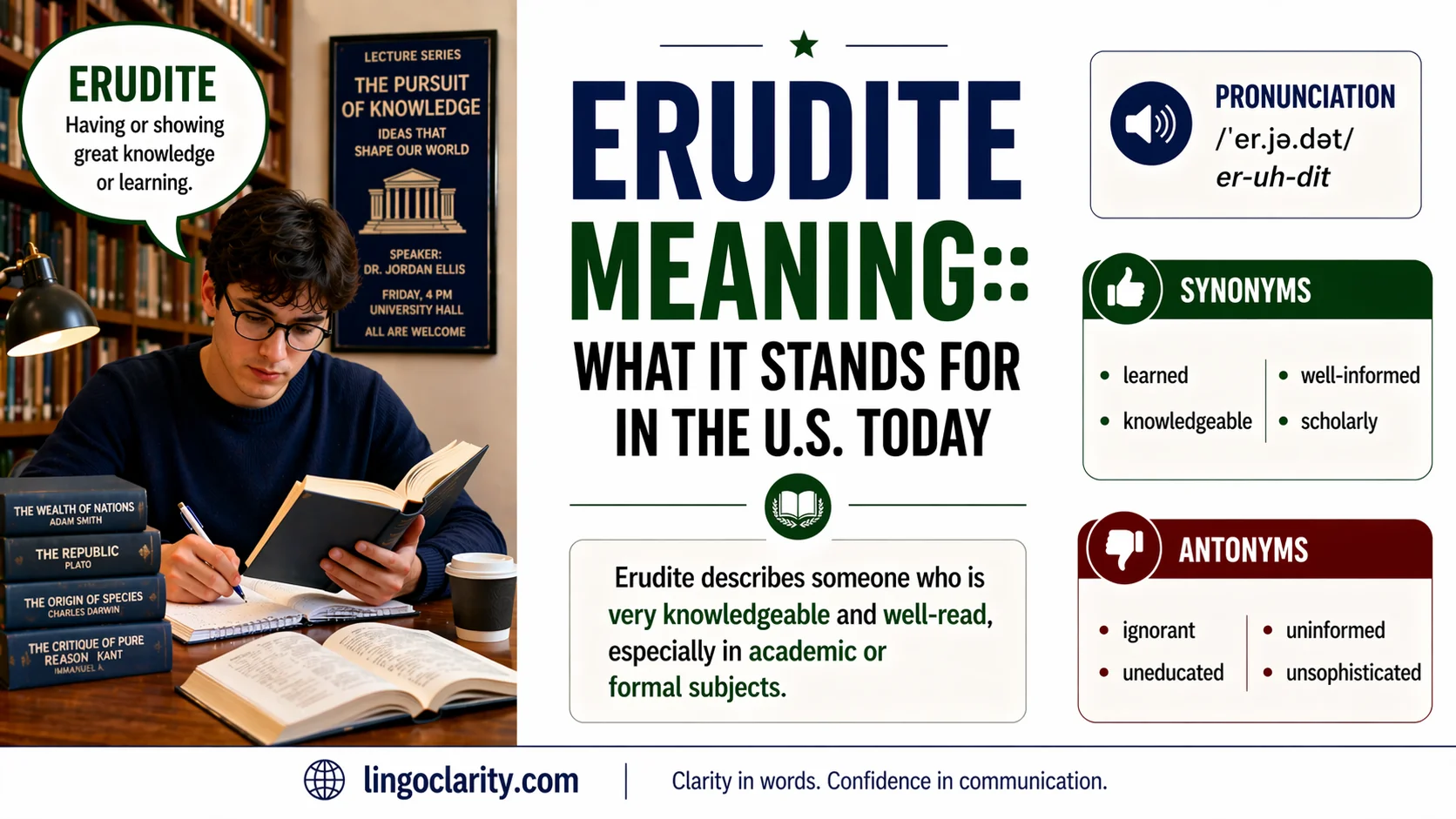 Student in a library learning the meaning and usage of the word erudite.
