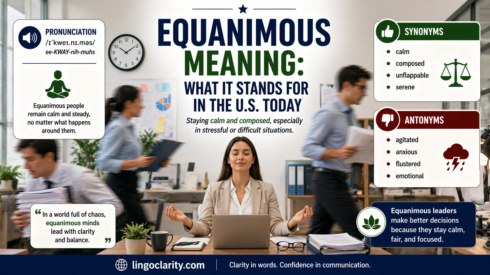 Calm office worker remains composed during a stressful moment to illustrate the meaning of equanimous, pronunciation, Synonyms And Antonyms