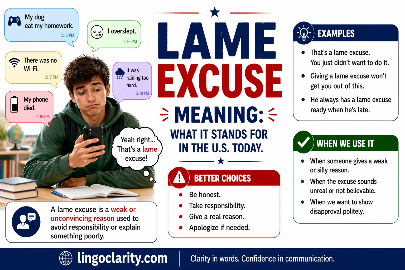 Student reading weak excuses on a phone and reacting while learning the phrase lame excuse.