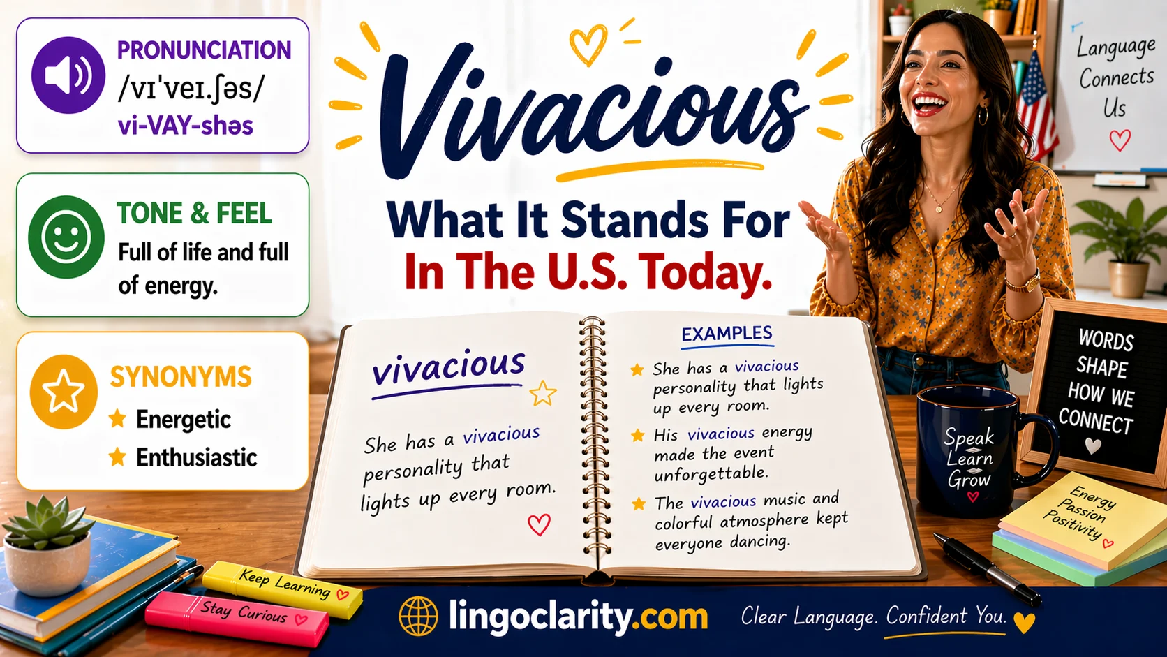 Notebook showing the word “vivacious” with simple examples and a cheerful speaker nearby.