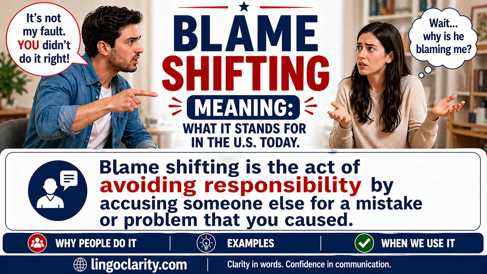 Two people arguing, with one redirecting fault to the other to show blame shifting.