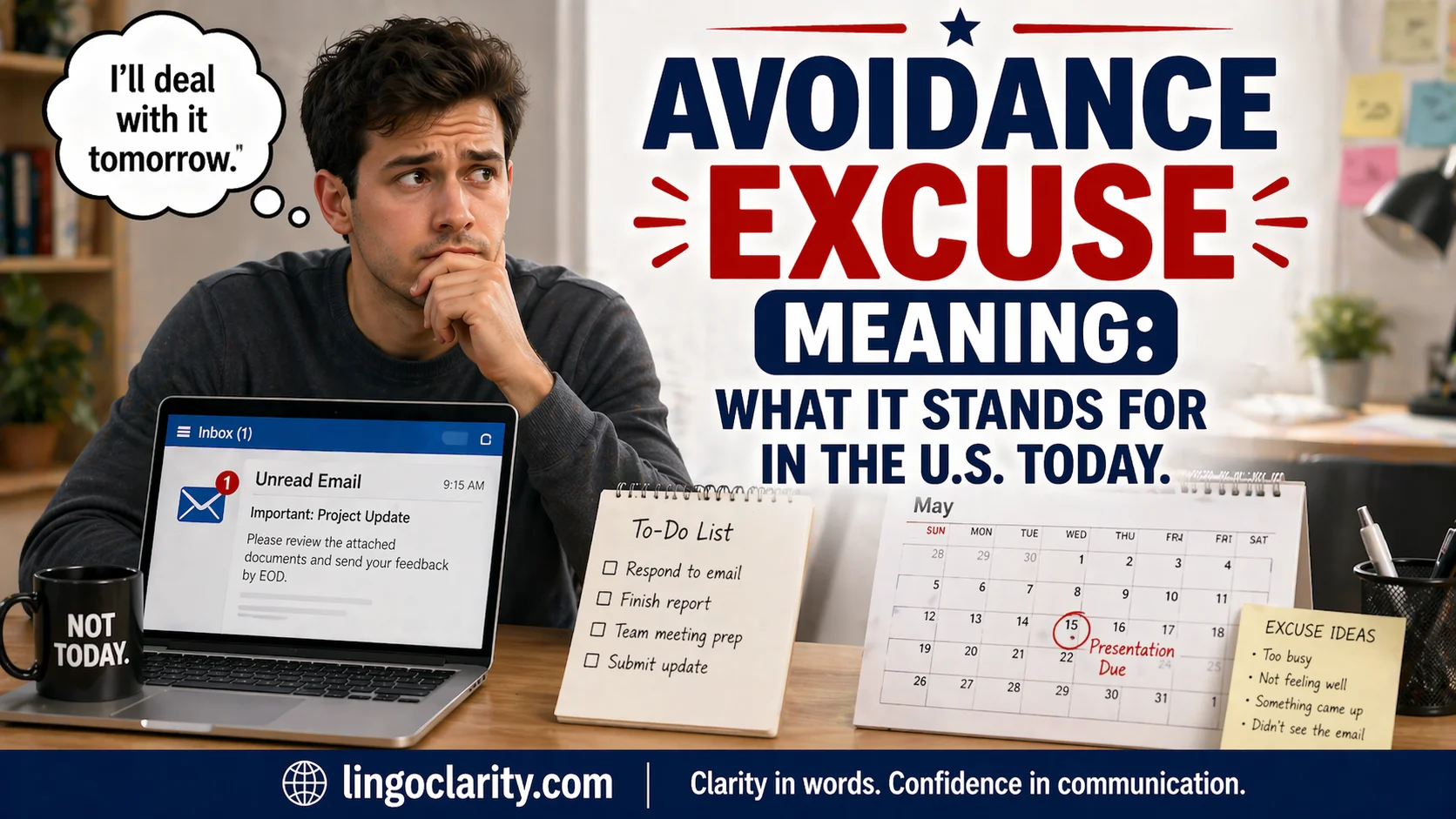 Person pausing at a desk while avoiding a task, showing the meaning of avoidance excuse.